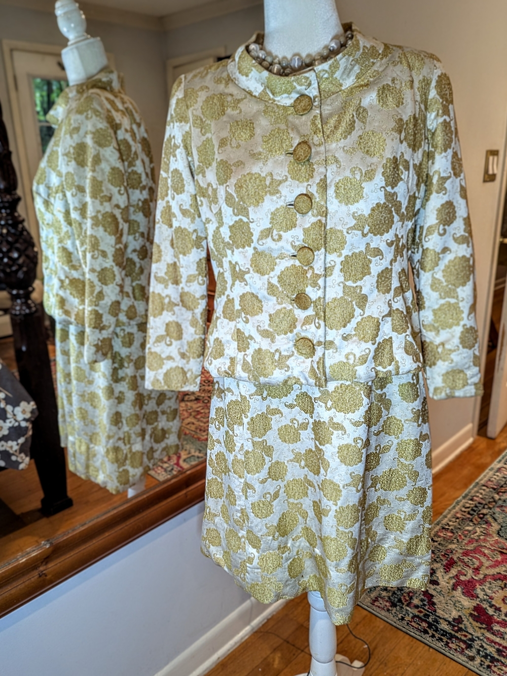 Vintage Gold Floral Brocade Midi Dress